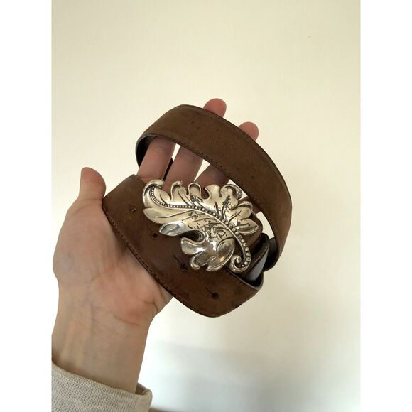 portland leather goods Accessories - LEATHER L brown western Acanthus Silver leaf belt buckle cowboy Rodeo USA